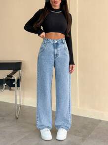 EURMUSE HIGH WAIST MEDIUM STRAIGHT LEG JEAN D-RING AND POCKET DETAILED - Light Wash - View 3