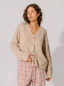 Aralina Cómoda chaqueta de punto trenzado oversize con botones - Marrón - Ver 5