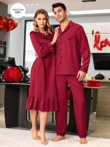 Men's Valentine's Day Wave Pattern Open Front Loungewear Red Pajama Set - Burgundy - View 4