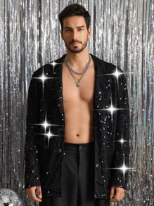 Manfinity VCAY Men's Fashionable Casual Long Sleeve Open Front Loose Bomber Jacket, For Fall Winter - Black - View 1