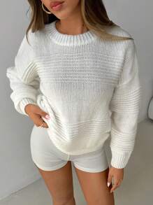 Aloruh Suéter blanco suelto con patrón jacquard, unicolor. Nuevo lanzamiento para mujer, otoño/invierno