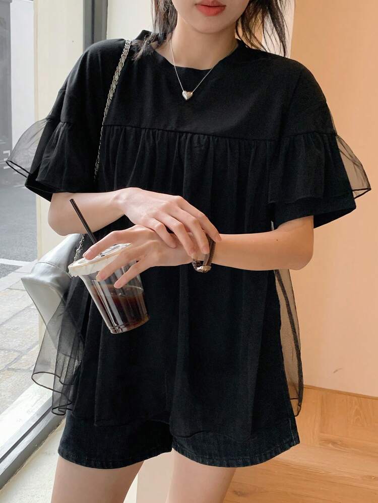 Women's Mesh Patchwork Round Neck Casual Loose Short Sleeve T-Shirt