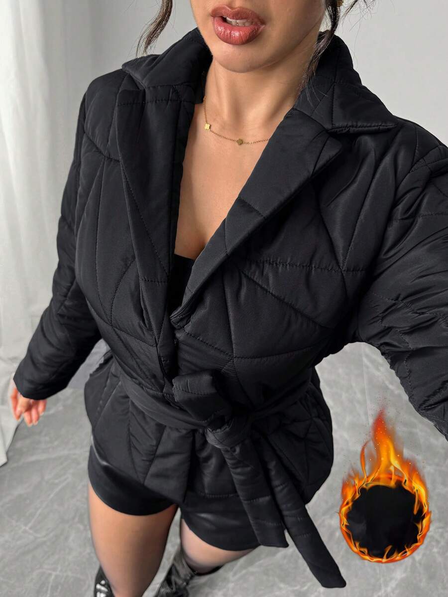 SHEIN Privé 优雅绗缝领系带冬季夹克,休闲通勤风格,复古黑色,保暖内衬,秋冬 - 黑色 - 查看 1