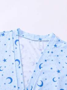 3pcs Girls Blue Starry Sky & Moon Print Long Sleeve Top, Pants And Robe Set, Suitable For Family Gatherings And Photo Shooting, Spring/Autumn - Blue - View 7