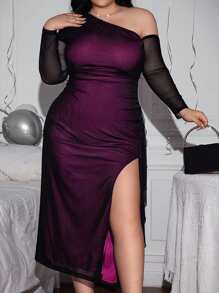 SHEIN Privé Plus Size Elegant Mesh One Shoulder Long Sleeve Gathered Waist Slim Fit High Slit Sexy Dress, Suitable For Date, Concert, Formal Occasions, Knee Length, Christmas, Holiday, New Year, Party, Office Lady
