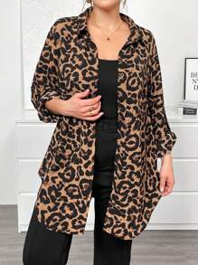 SHEIN Essnce 大码女式长袖上衣，春装，豹纹衬衫，长袖衬衫，开衫，俱乐部服装女士可爱上衣复古服装女士春装外出上衣 - 棕色 - 查看 5