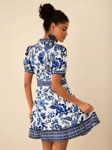 Travachic Women Floral Print V-Neck Short Puff Sleeve Mini Dress