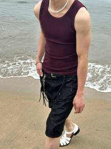 DAZY Men's Slim Fit Solid Purple Textured Fabric Summer Tank Top - Purple - View 4