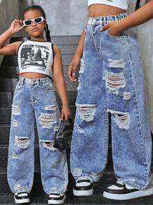 Tween Girls Y2K Style Loose Fit Distressed Washed Wide Leg Jeans, Versatile For Casual City Walk, School, Campus, College