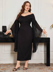 Modelyn Robe noire moulante fendue avec épaules dénudées, épissure et plissage à la taille pour effet affinant, modèle grande taille pour femmes - Noir - Voir 5