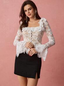 Enchnt Camisa casual con cuello cuadrado de encaje, manga larga, pliegues simples y parches para mujer