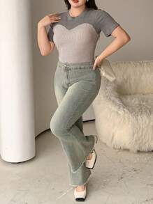 Dazy Petite Plus Grey Crew Neck Colorblock Plaid Print Elastic Short Sleeve T-Shirt, Spring/Summer - Grey - View 3