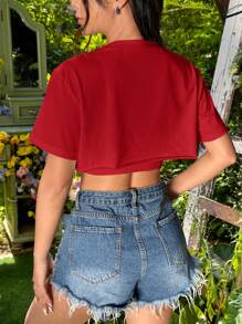 SHEIN EZwear Camiseta corta de manga corta con cuello redondo de unicolor para mujer - Rojo - Ver 2