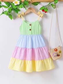 SHEIN Elladie kids Young Girl Casual Simplified Patchwork Striped Slip Dress, Cake Design, Summer Summer Holiday - Multicolor - View 1