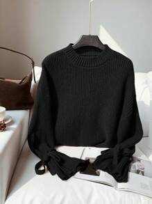 Comfortcana Women's Black Knit Sweater With Tie Cuffs, Mock Neck, Loose Fit For Casual And Everyday Wear