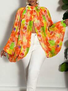 Slaydiva Plus Size Elegant Mock Neck Ruched Semi-Sheer Loose Camel Long Sleeve Blouse Top For Fall - Multicolor - View 3