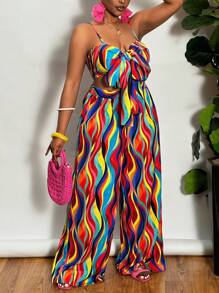 Slaydiva Conjunto de 2 piezas de talla grande para vacaciones, con top tipo camiseta y pantalón de pierna ancha, en colores vivos, adecuado para primavera y verano - Multicolor - Ver 5