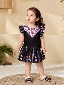 SHEIN 2pcs/Set Baby Girl 0-3Y Elegant Retro Pattern Cap Sleeve Top With Floral Pleated Skirt, Suitable For Traditional Festival Outing, All Season
