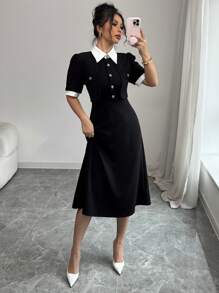 Elenzga Contrast Collar Button Waist Decor Short Sleeve Mid-Length Women's Dress - Black - View 6