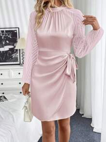 SHEIN Clasi Women's Round Neck Raglan Lantern Sleeve Side Knot Elegant Dress - Baby Pink - View 7