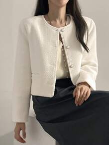 DAZY Chaqueta corta de manga larga y cuello redondo de unicolor para mujer, otoño