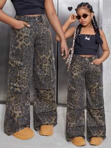 Tween Girls Leopard Print Cargo Pocket Pleated Wide Leg Loose Fit Jeans - Brown - View 1