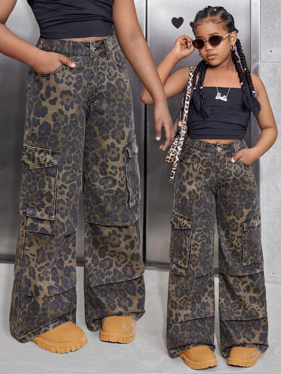 Tween Girls Leopard Print Cargo Pocket Pleated Wide Leg Loose Fit Jeans - Brown - View 1