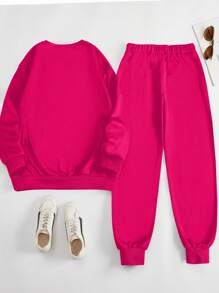 Maweii 大码皇冠印花圆领长袖上衣和裤子两件套休闲套装 - 玫紅色 - 查看 2