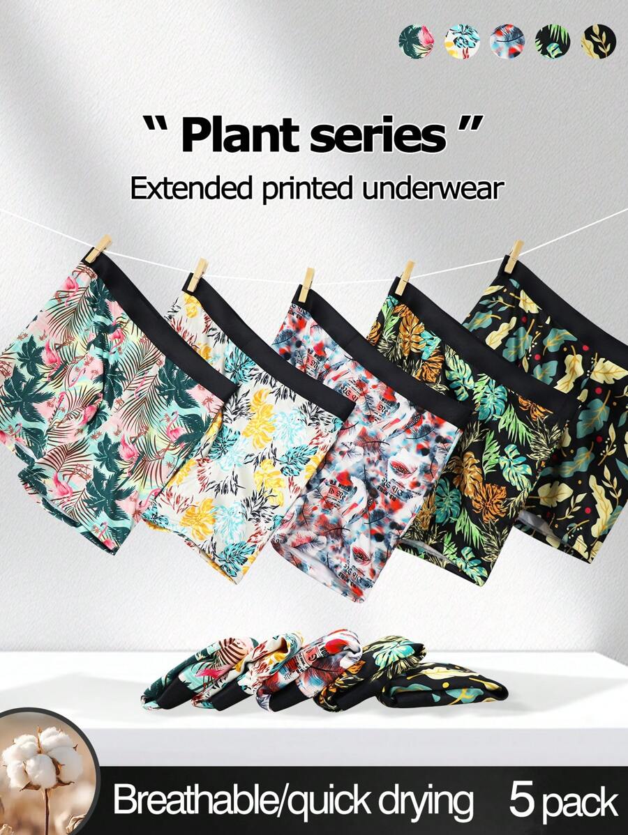 5pcs/Pack Men Tropical Plant Print Casual Boxer Briefs - Multicolor - View 1