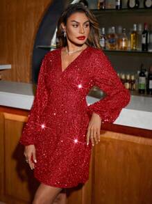 SHEIN Clasi Elegante A-lijn kerstfeestjurk met pailletten en lantaarnmouwen voor dames
