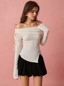 Enchnt Women's Solid Color Off Shoulder Long Sleeve Top, Minimalist Casual Everyday Wear