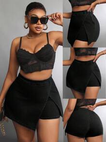 SHEIN SXY 大码休闲不对称下摆牛仔短裤