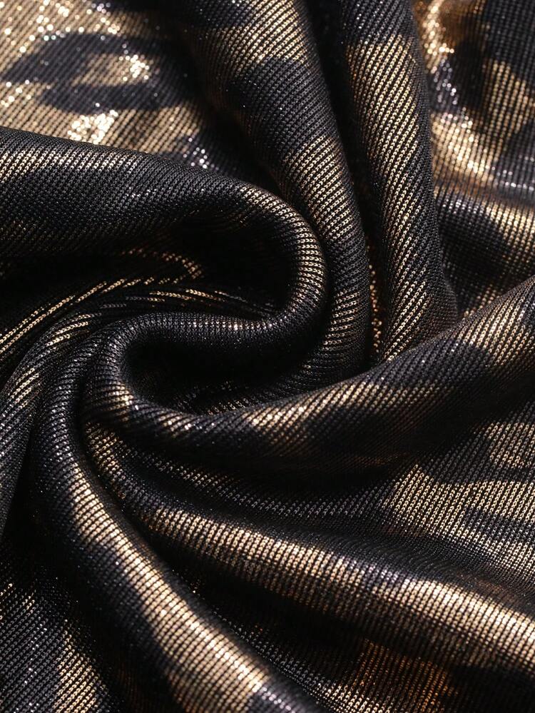 Women's Glossy Leopard Print Asymmetric Collar Short Sleeve T-Shirt