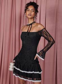 COSMINA Elegant Off Shoulder Black Ruffle Mini Dress For Women, Spring/Summer - Black - View 1