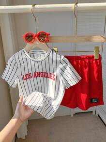 SHEIN 2pcs/Set Young Boys Casual Fashion Street Loose Letter Print Striped Round Neck Short Sleeve T-Shirt And Solid Color Shorts Knit Sports Suit, Suitable For Spring/Summer, Daily, Sports, Outing, School, Party, Festival, Photo Shooting - Red - View 7
