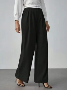 SHEIN Tall Contrast Color Pocket Casual Suit Wide-Leg Pants - Black - View 3
