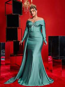 SHEIN X Izzy Darnell Glamrae Plus Size Szaro-zielona Elegancka luksusowa sukienka z odkrytymi ramionami z kryształkami i falbaniastym ogonem syreny wieczorowa sukienka