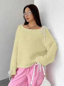 Flirla 女士宽松蝙蝠袖长袖针织衫，系带设计，休闲百搭，适合秋冬季节穿着。 - 黃色 - 查看 3