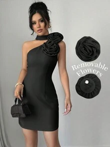 Chiquease Sexy Fitted 3D Floral Open Shoulder Sleeveless Long Dress For Women One Sleeve Dress One Shoulder Dress