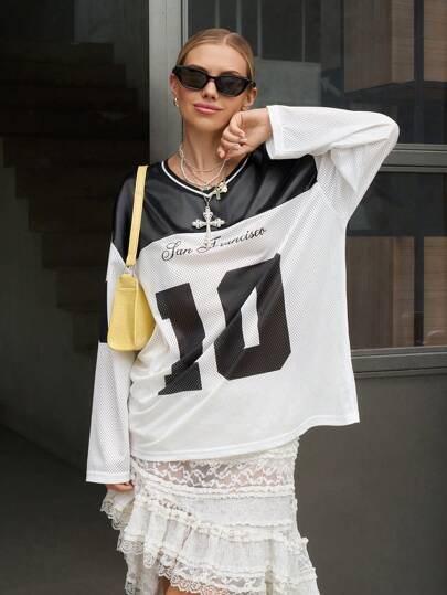 SHEIN EZwear Women's New Contrast Color Letter & Number Print Sporty Long Sleeve T-Shirt