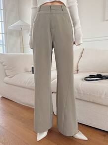 DAZY Pantalones elegantes para primavera y verano de unicolor con diseño de bolsillos y bajo acampanado para mujer