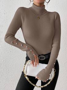 Chiquease Casual Solid Color High Neck Beaded Hollow Out Long Sleeve Sweater, Autumn/Winter Knit Pullover Fall Outfit - Khaki - View 3