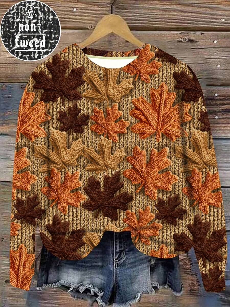EMERY ROSE Women's Maple Leaf Pattern Round Neck Casual Fleece Sweatshirt For Autumn/Winter Graduation,Back To School Outfits,Graduation,Teacher Outfits For Women,Back To School - Multicolor - View 1