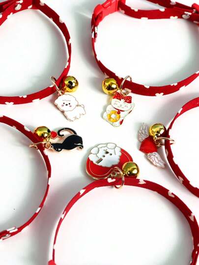 PETSIN 1 件随机颜色可调节宠物项圈，带心形、波尔卡圆点、领结吊坠和铃铛，适合猫和狗，新年和情人节