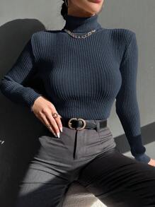 SHEIN Cottnline Women's Slim Fit Solid Color Ribbed Turtleneck Knitted Sweater - Baby Blue - View 3