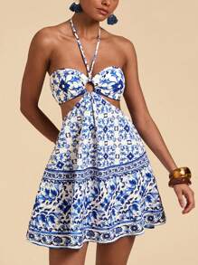 Travachic Women's Halter All-Over Print Hollow-Out Casual Short Dress
