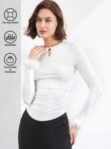 BizChic White Long Sleeve T-Shirt With Feather Decor, Elegant For Party, Holiday, Thanksgiving, Suitable For Women - White - View 2