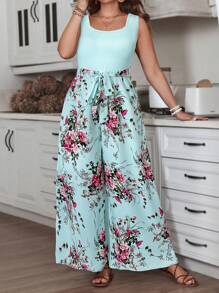 SHEIN VCAY Plus Size Boho Tie Waist Floral Print Wide Leg Sleeveless Jumpsuit, For Summer - Baby Blue - View 3