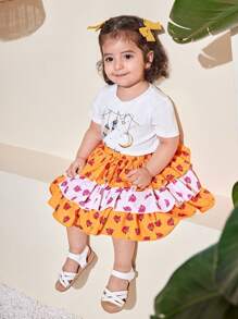 SHEIN Leap Crew 2 件装女婴碎花短袖上衣和裙子套装，夏季服装 - 黃色 - 查看 3