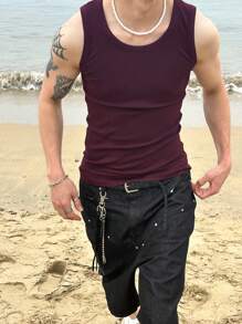 DAZY Men's Slim Fit Solid Purple Textured Fabric Summer Tank Top - Purple - View 3